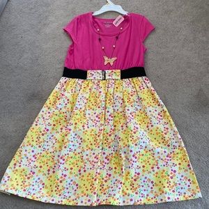M 10-12 girl’s pink and yellow floral dress. Butterfly necklace attached